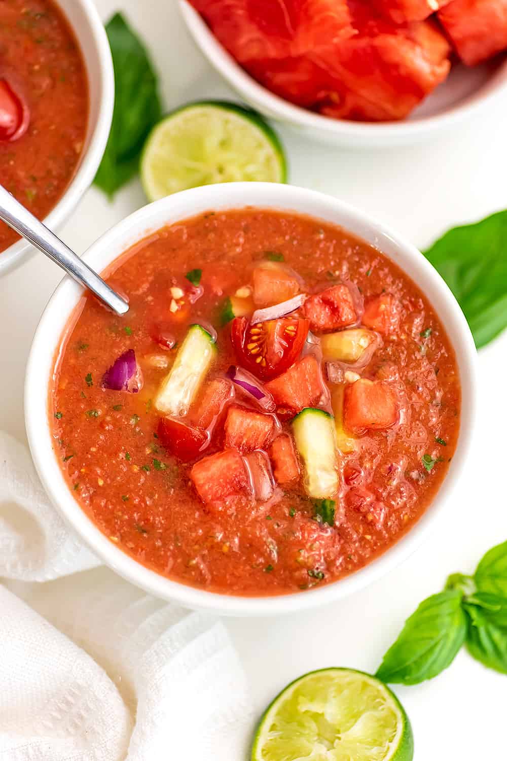 Easy Tomato Watermelon Gazpacho Recipe (chilled) | Bites of Wellness