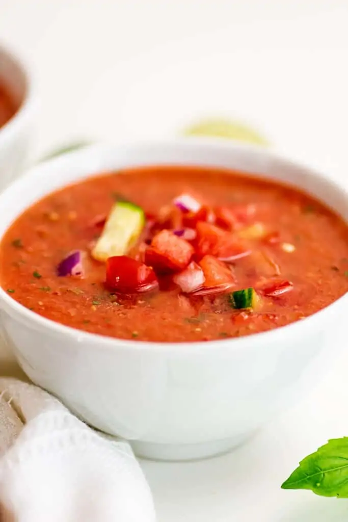 White bowl filled with watermelon gazpacho.