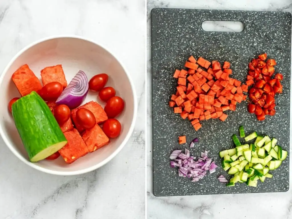 Toppings for watermelon gazpacho before and after chopping.