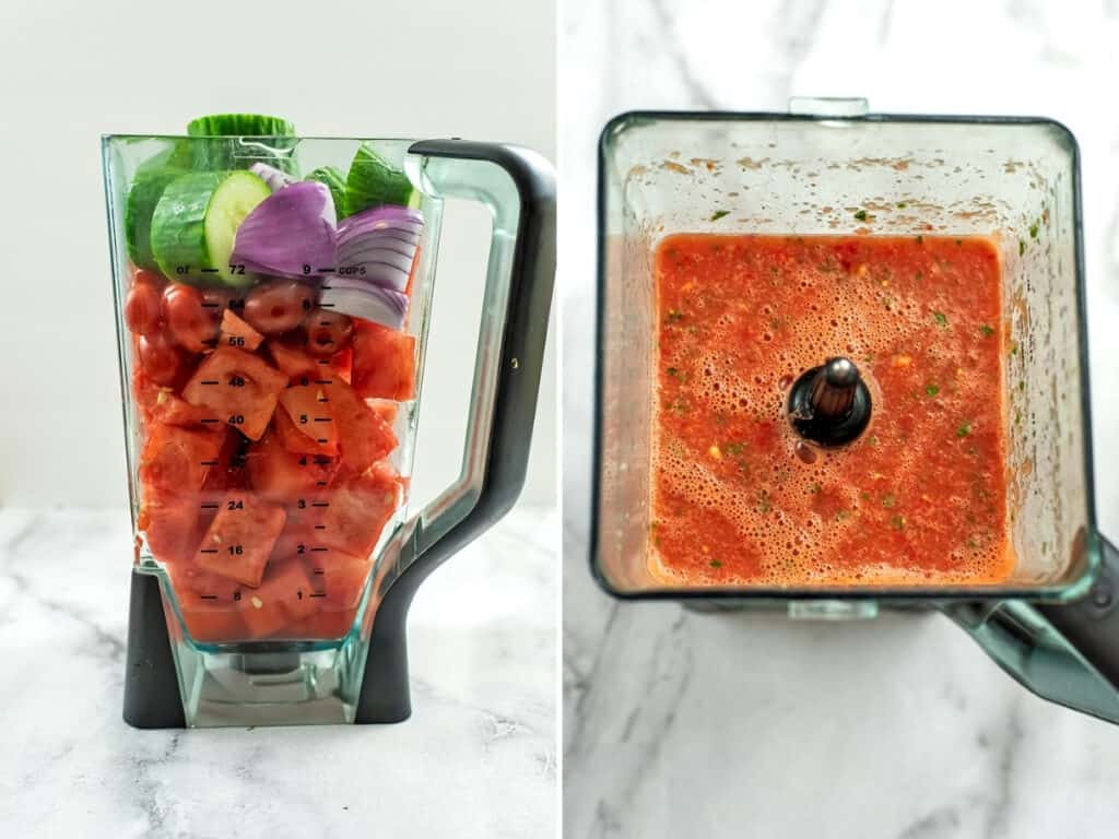 Ingredients for watermelon gazpacho in blender before and after blending.
