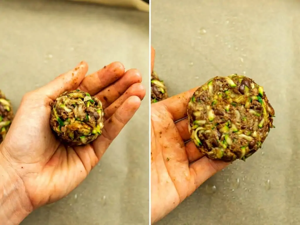 Hand holding zucchini black bean mixture, shaping into burgers.