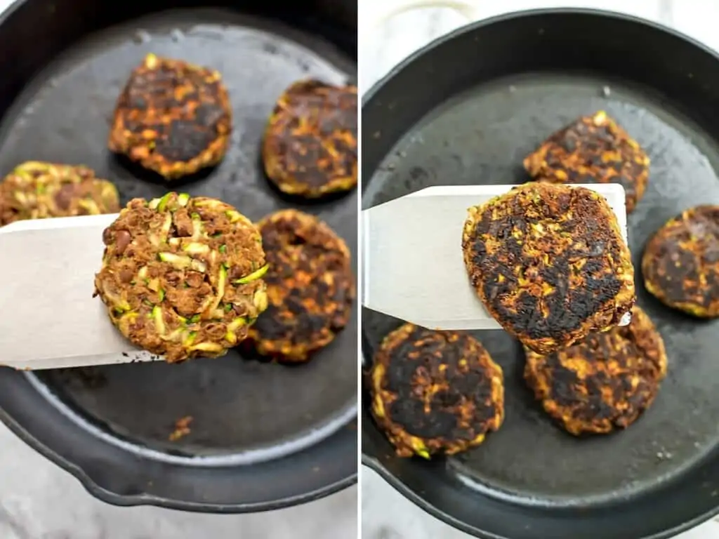 Zucchini black bean burgers before and after cooking.