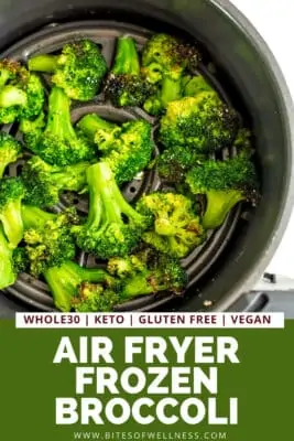 Air fryer frozen broccoli in air fryer after cooking.