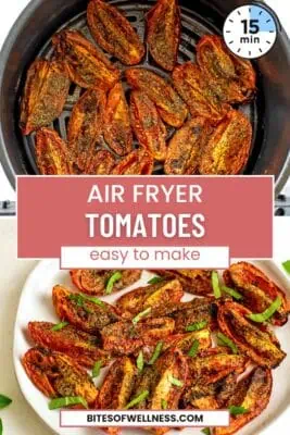 Roasted tomatoes in air fryer basket.