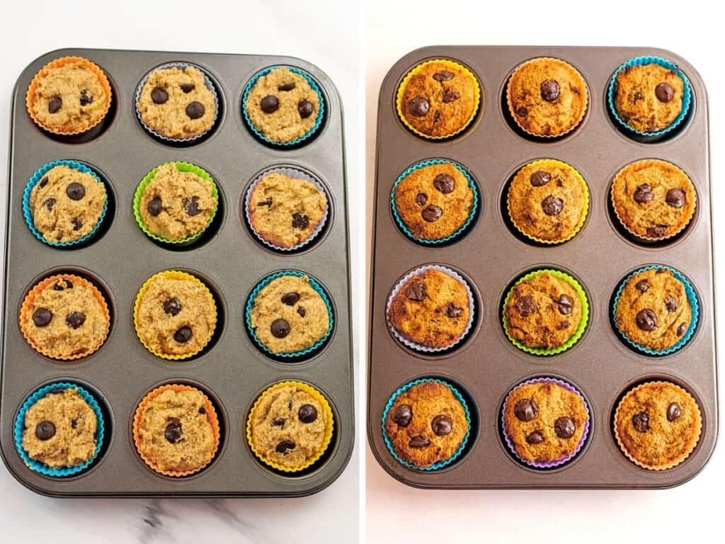 Almond flour banana muffins before and after baking.