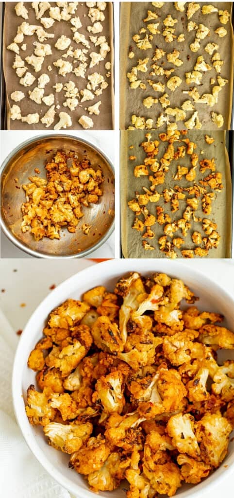 Steps on how to make buffalo cauliflower in the oven.