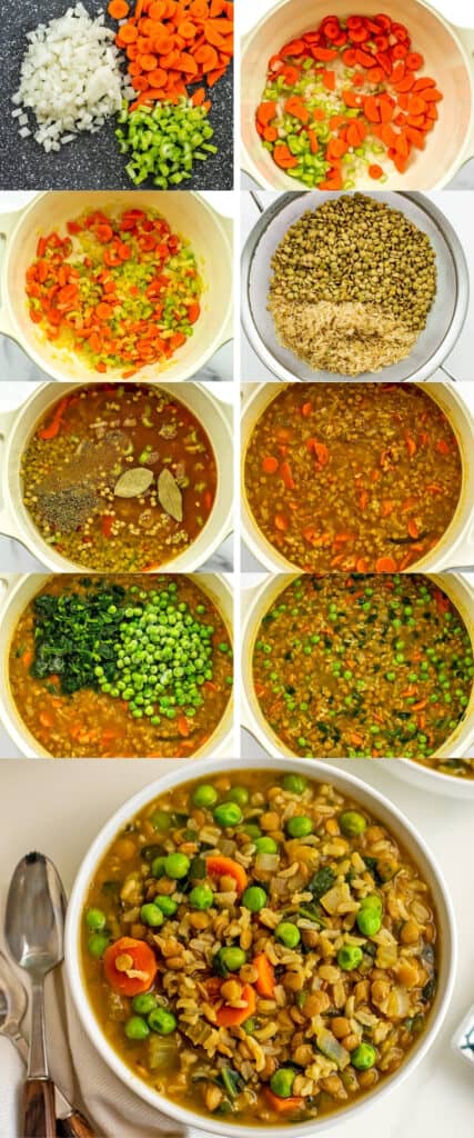 Steps on how to make lentil brown rice soup.
