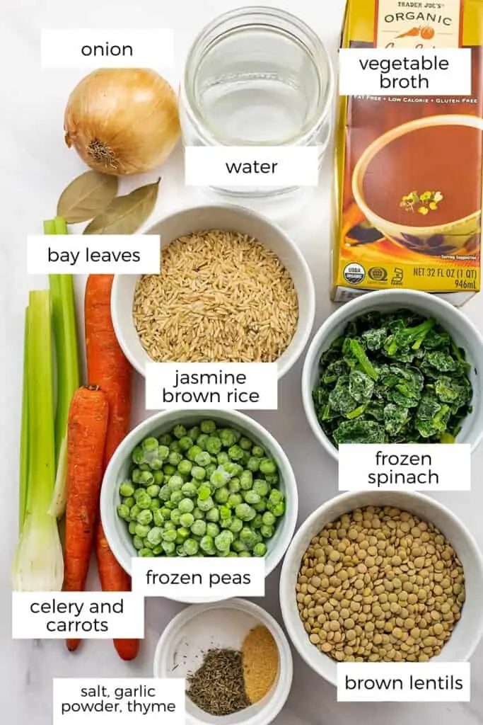 Ingredients to make brown rice lentil soup.