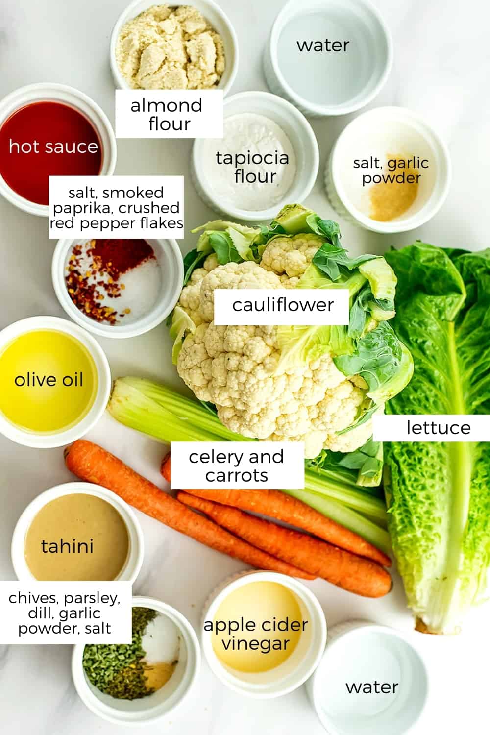 Ingredients to make buffalo cauliflower salad.