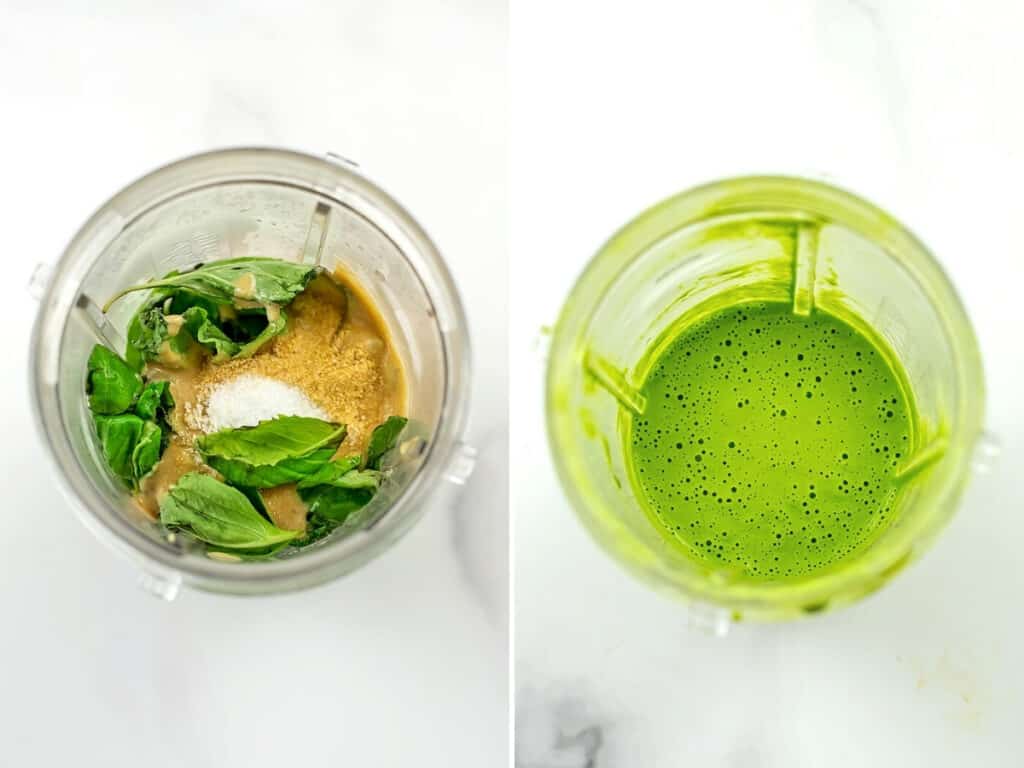 Before and after of making creamy lemon basil dressing.