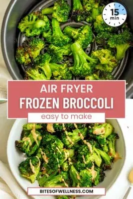 Air fryer basket with cooked broccoli from frozen.