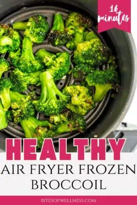 Air fryer basket with cooked broccoli from frozen.