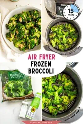 Air fryer basket with cooked broccoli from frozen.