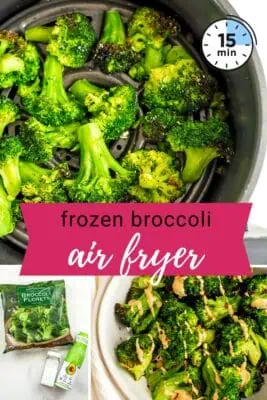 Air fryer basket with cooked broccoli from frozen.