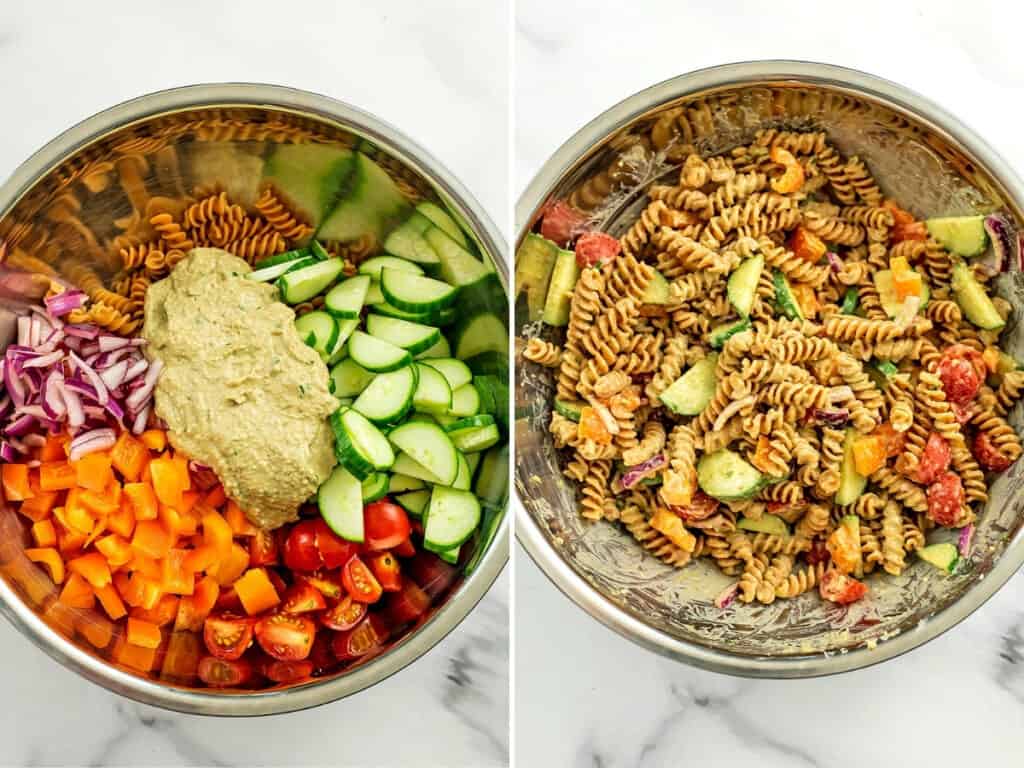 Before and after stirring the hummus pasta salad.