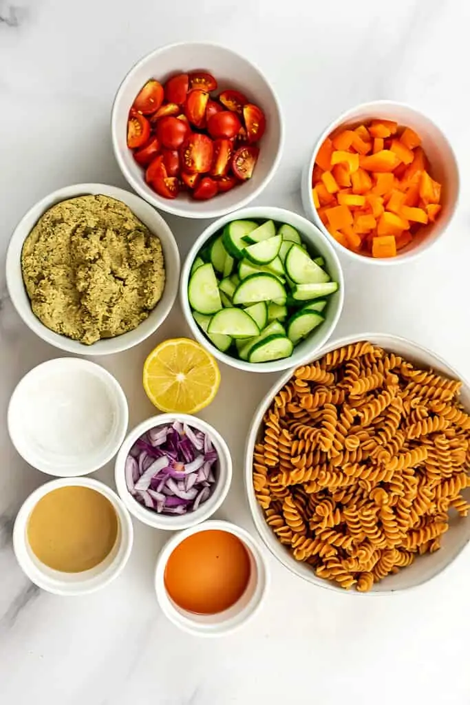 Ingredients to make hummus pasta salad.