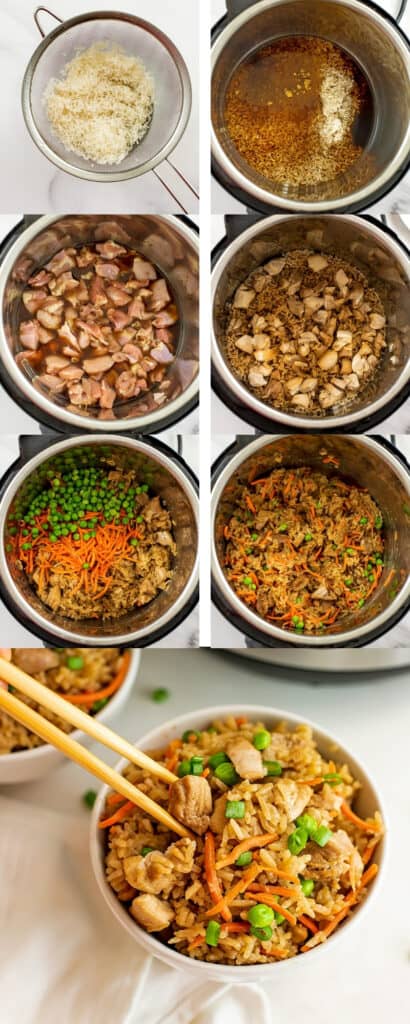 Steps to make instant pot chicken fried rice.
