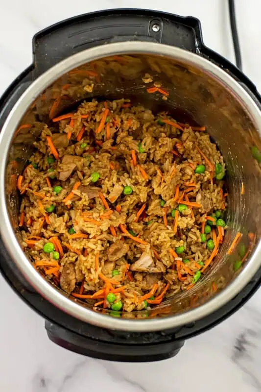 Instant pot chicken fried rice after stirring everything together.