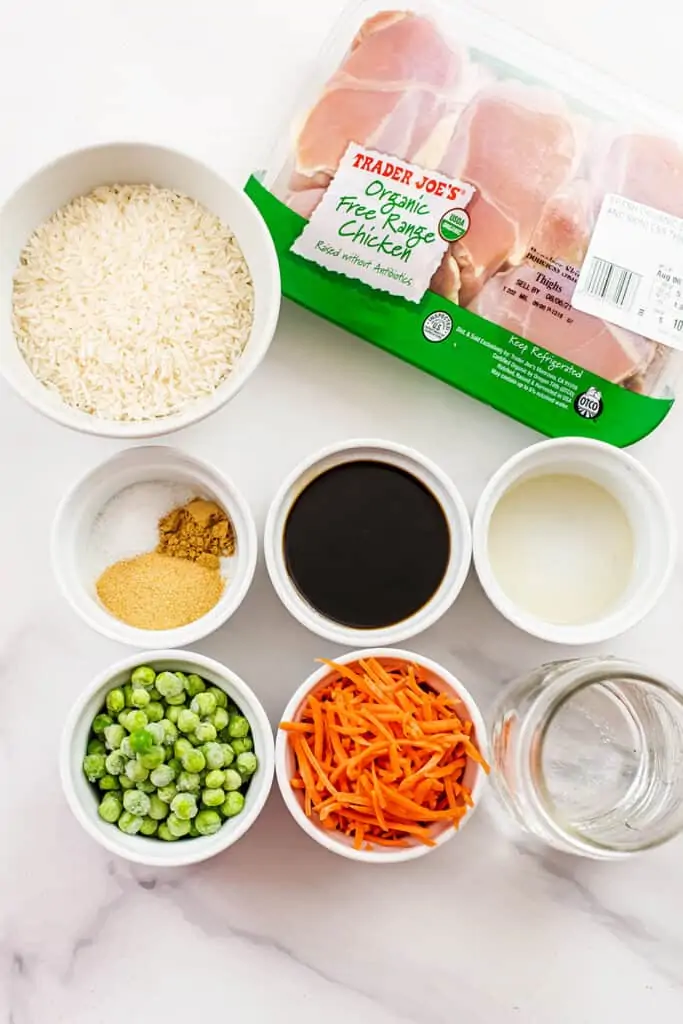 Ingredients to make instant pot chicken fried rice.