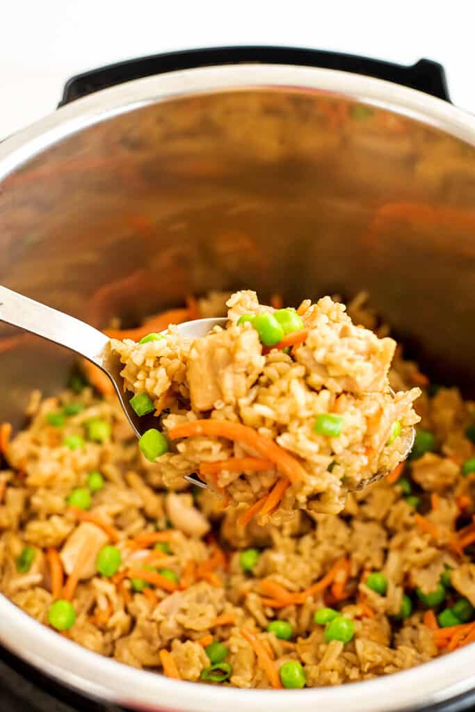 Chicken fried rice being spooned out of the instant pot.