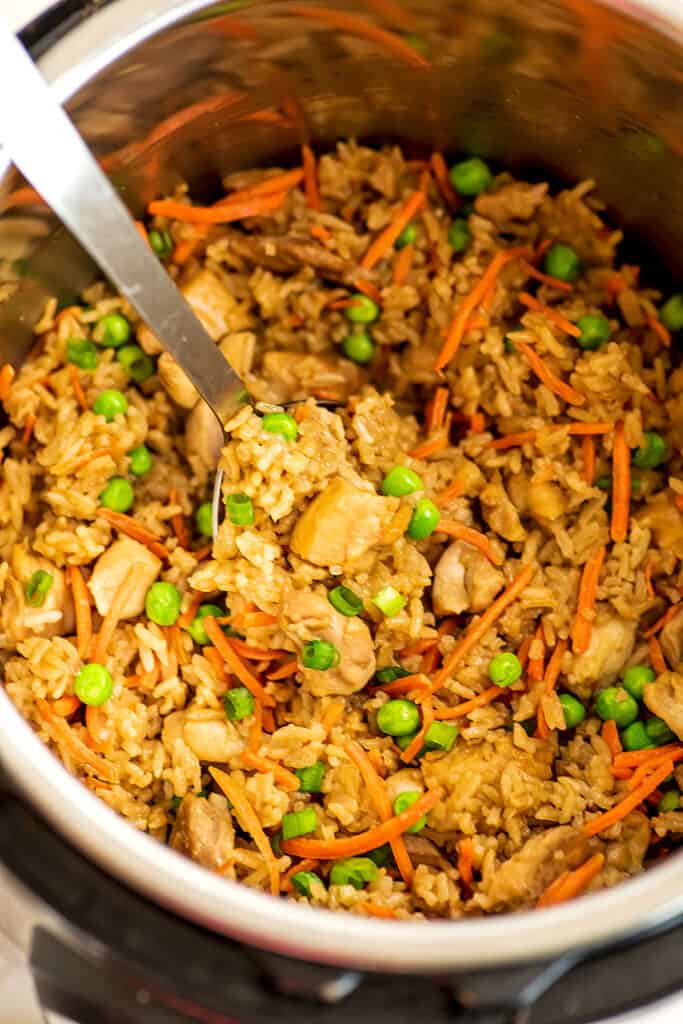Instant pot filled with chicken fried rice.