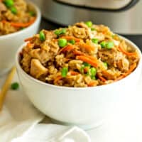 Instant pot chicken fried rice in a white bowl.
