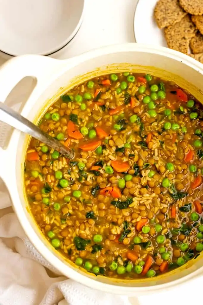 Ladle in a bowl of lentil brown rice soup. 