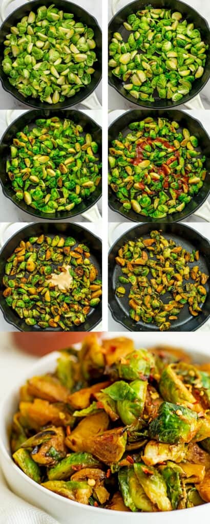 Steps to make sriracha brussel sprouts.