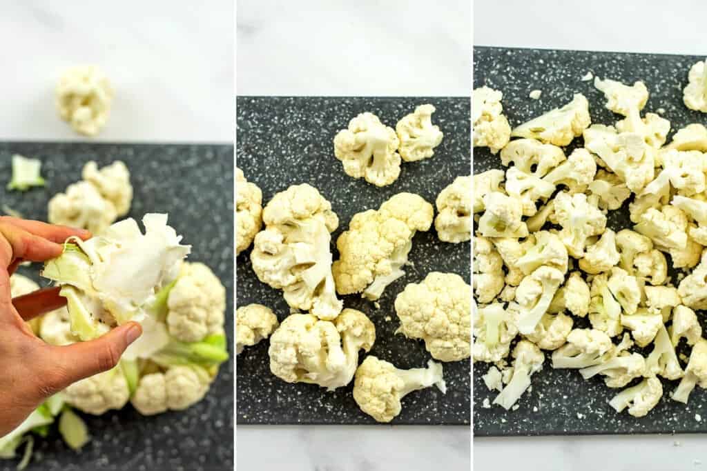 Steps to remove the florets from a whole cauliflower.