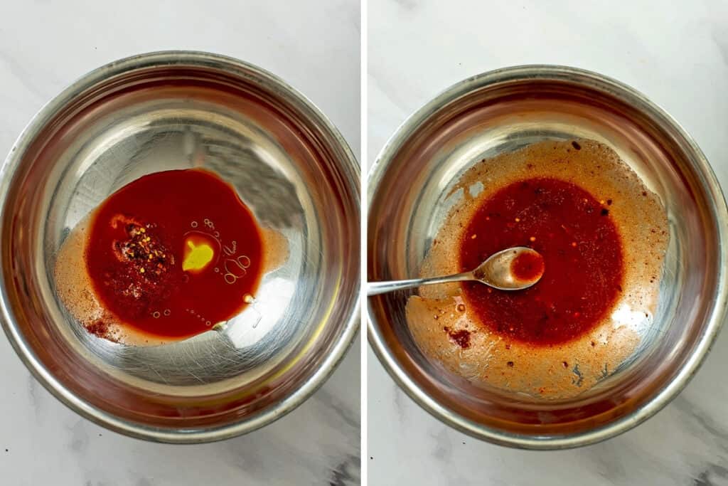 Buffalo sauce before and after mixing.