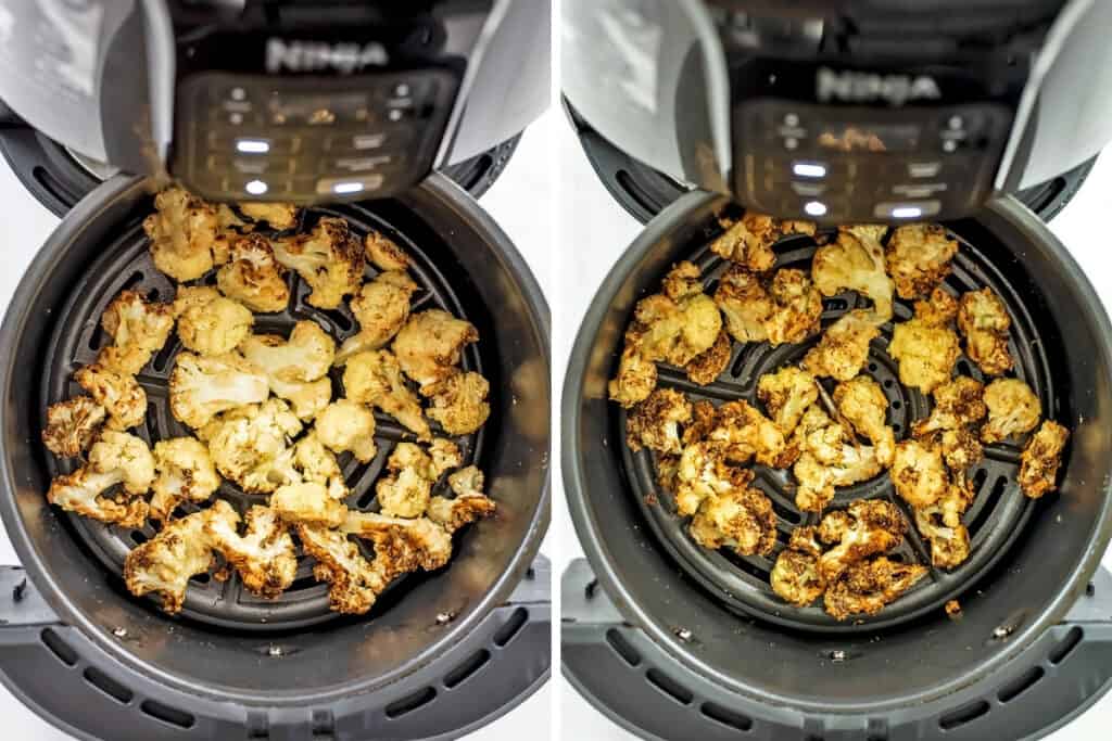 Cauliflower after 10 minutes and 14 minutes of cooking in air fryer.