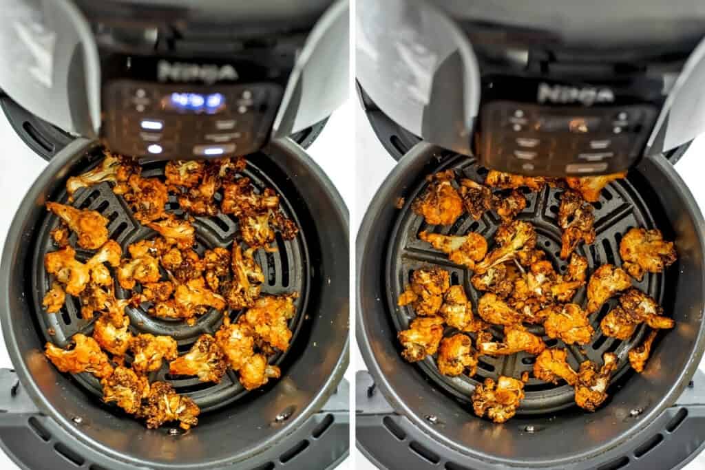 Buffalo cauliflower in air fryer after getting tossed in sauce.