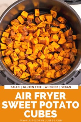Sweet potato cubes in air fryer basket after cooking.