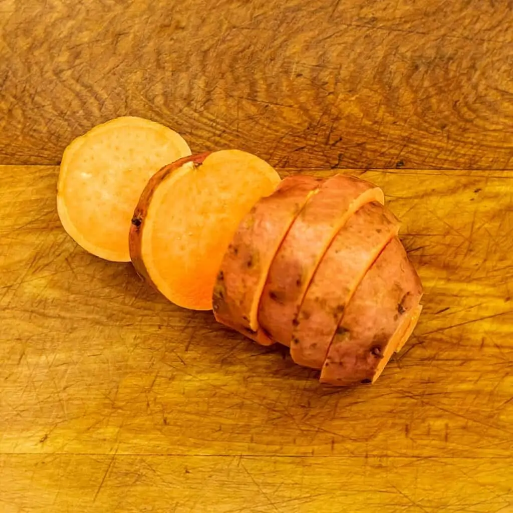 Sweet potatoes cut into 1/2 inch disks.