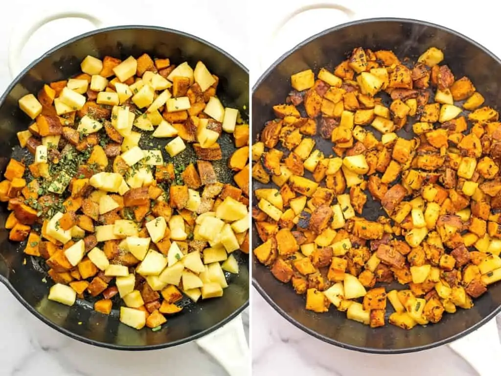 Before and after cooking the apples in the hash.