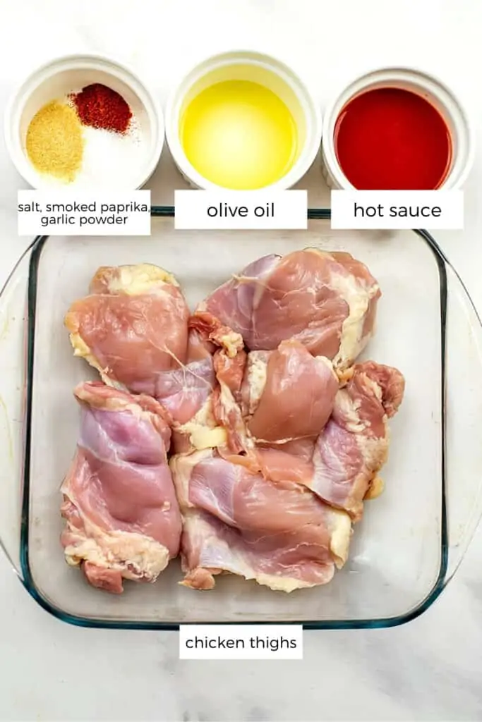 Ingredients to make oven buffalo chicken thighs.