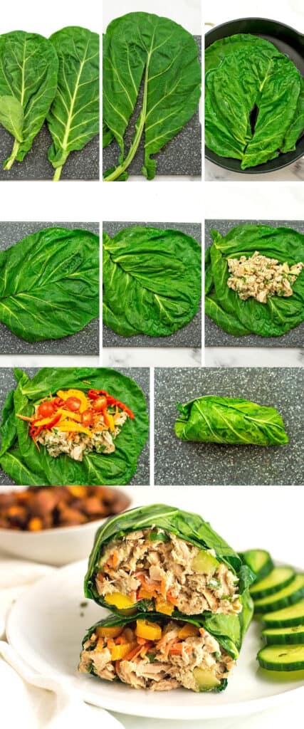 Instructions on how to make a collard green wrap.