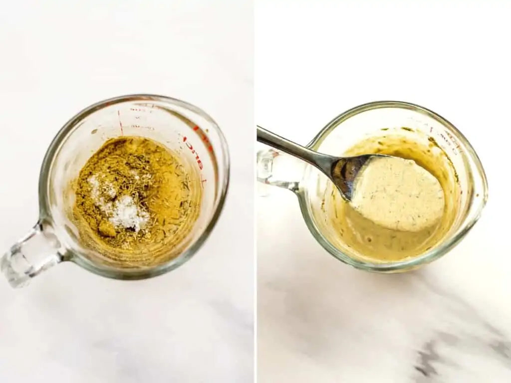 Dressing before and after mixing in glass measuring cup.