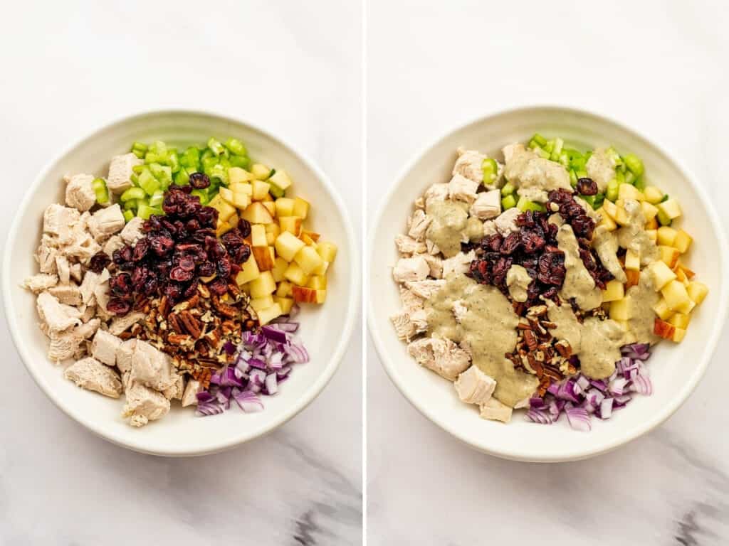 Cranberry pecan chicken salad before and after dressing added.