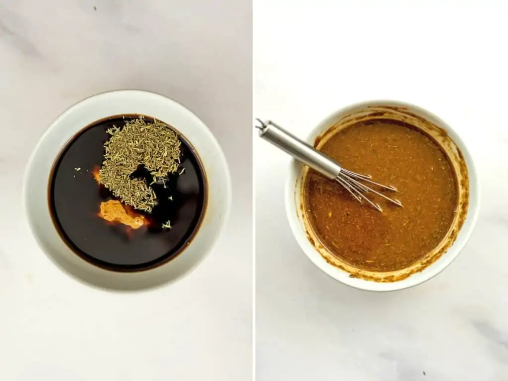 Before and after stirring the creamy balsamic dressing.
