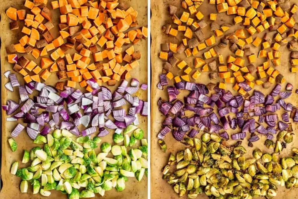 Before and after roasting veggies for fall quinoa salad.