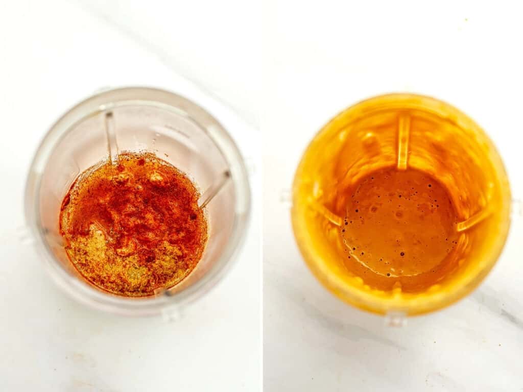 Before and after of making vegan nacho cheese sauce.