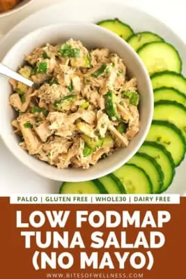 Low FODMAP tuna salad in a bowl with spoon in bowl.