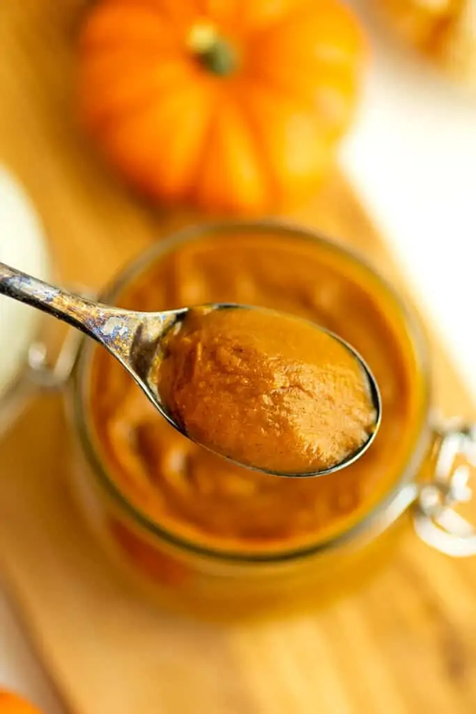 Spoonful of maple pumpkin butter over jar.