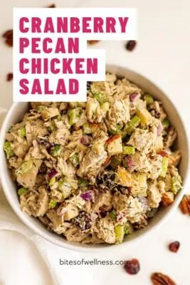 Large bowl filled with pecan cranberry chicken salad.