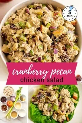 Large bowl filled with pecan cranberry chicken salad.