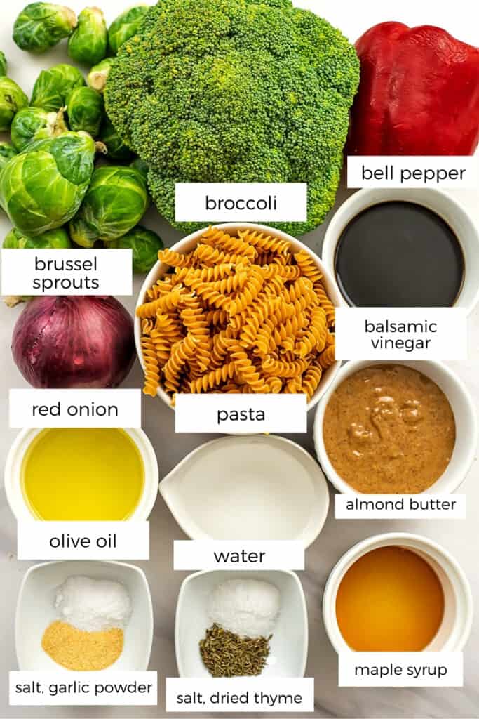 Ingredients for roasted vegetable pasta salad.