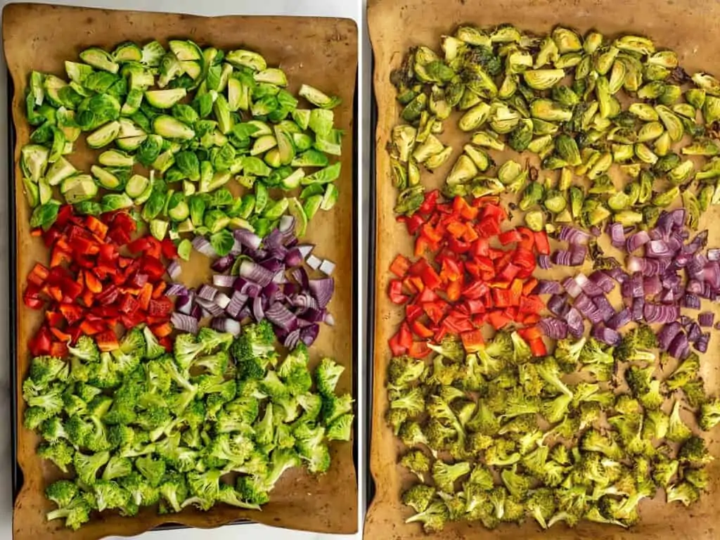 Before and after roasting veggies in oven.
