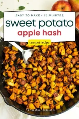 Sweet potato apple hash in a cast iron skillet.
