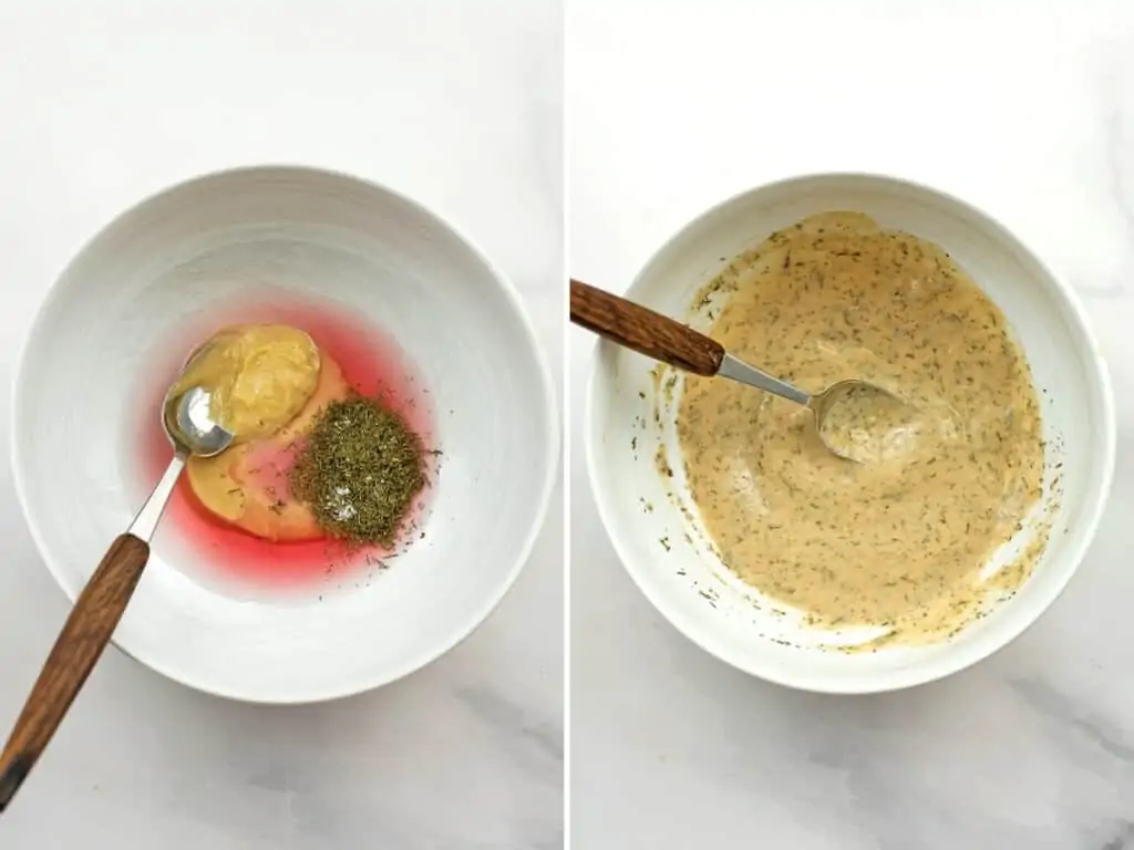 Before and after making the tahini dressing in the bowl.